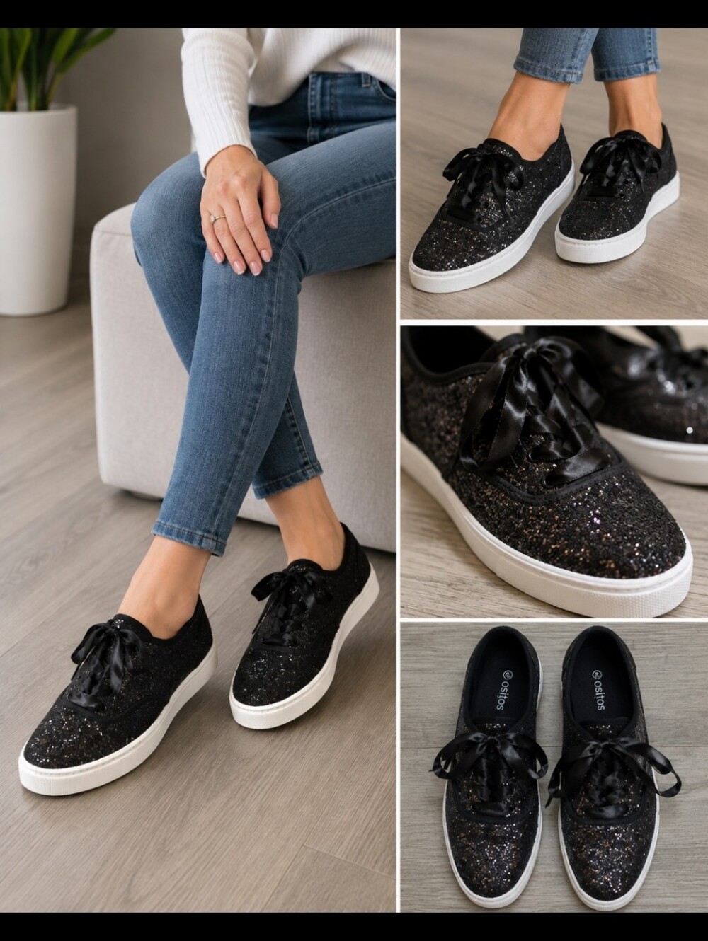 2/$10 Women's Black Glitter Lace-Up Sneakers with Satin Ribbon Laces